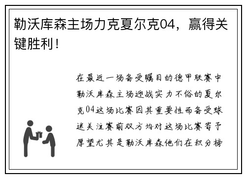 勒沃库森主场力克夏尔克04，赢得关键胜利！