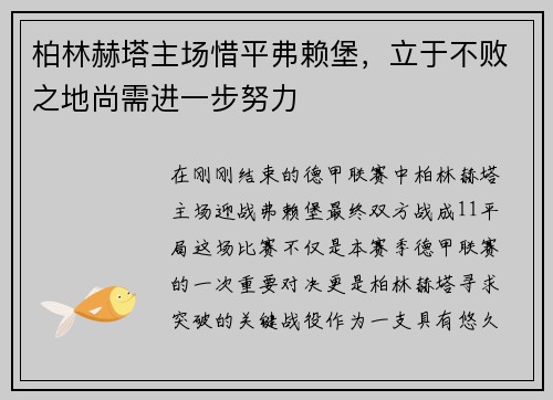 柏林赫塔主场惜平弗赖堡，立于不败之地尚需进一步努力